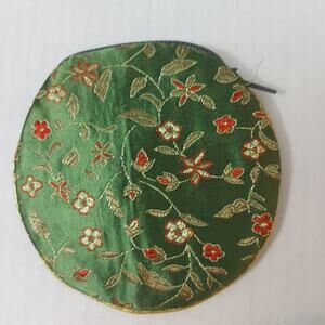 Green Embroidered Floral Zip Coin Purse/Pouch Accessories Key Cards Pods Travel